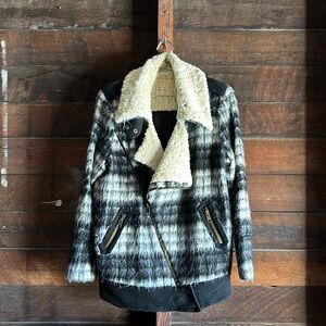 free people plaid sherpa moto jacket w/ checkered tartan fuzzy teddy biker coat